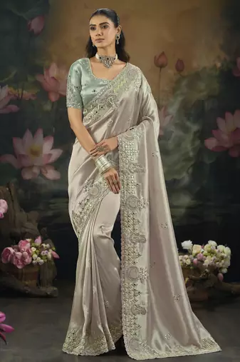 Purple pure ziraf silk saree with zari, cut-dana, moti & mirror work