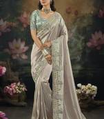 designer purple ziraf silk saree with cut dana & moti work
