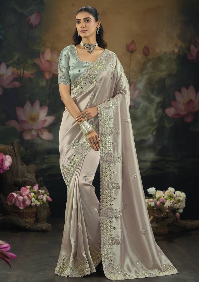 Purple pure ziraf silk saree with zari, cut-dana, moti & mirror work