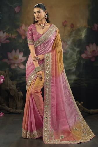 Four dyeing pure crepe saree with zari, moti, cut-dana & zarkhan work
