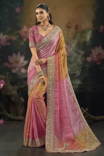 Four dyeing pure crepe saree with zari, moti, cut-dana & zarkhan work