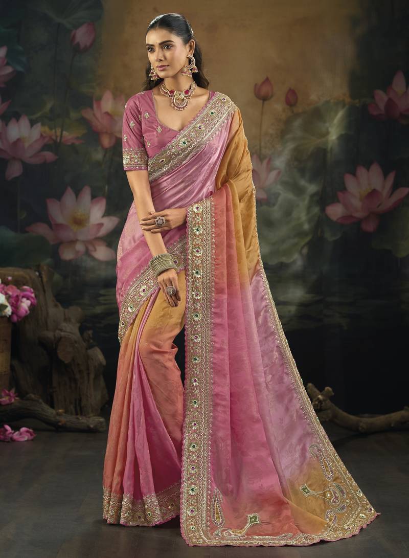 Four dyeing pure crepe saree with zari, moti, cut-dana & zarkhan work
