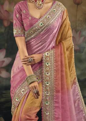 pure crepe four dye saree with zari moti cut dana work 2