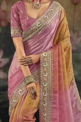 pure crepe four dye saree with zari moti cut dana work
