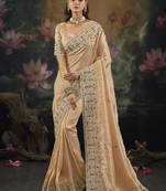 Peach pure kanjivaram silk saree with moti cut-dana & emerald work