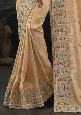 peach kanjivaram silk blend saree with moti cut dana & emerald work
 2
