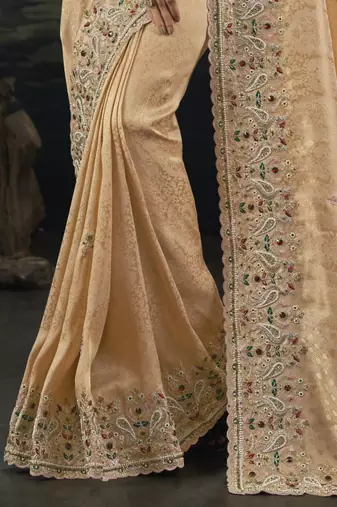 peach kanjivaram silk blend saree with moti cut dana & emerald work