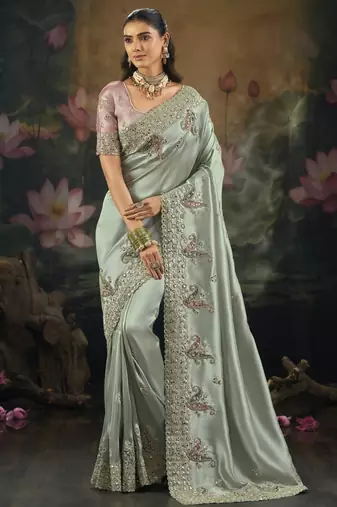 Pista pure ziraf silk saree with zari, cut-dana, moti & mirror work