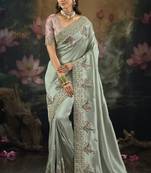 designer pista ziraf silk saree with cut dana & moti work
