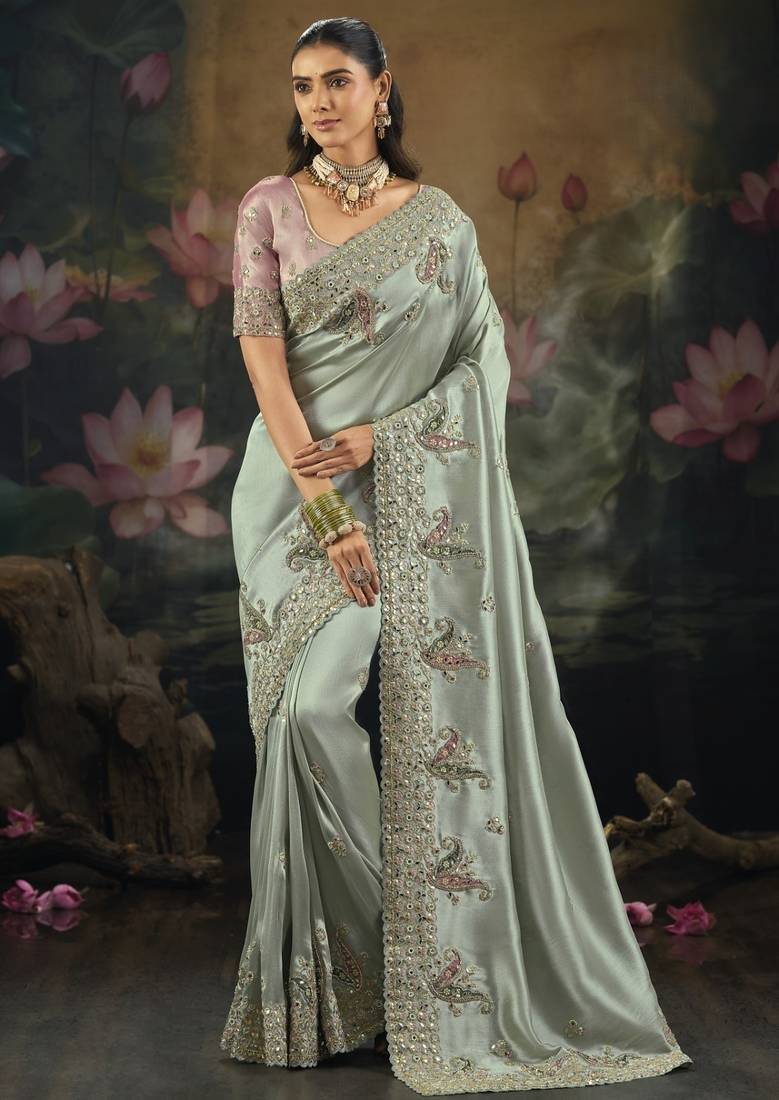 Pista pure ziraf silk saree with zari, cut-dana, moti & mirror work