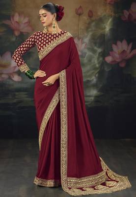 maroon pure muga silk blend saree with zari and metal sequin work 1