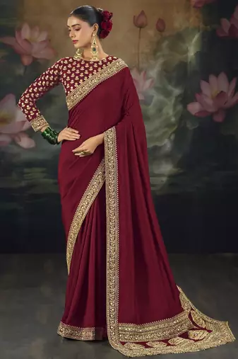 Maroon pure muga silk saree with zari & metal sequin heavy work