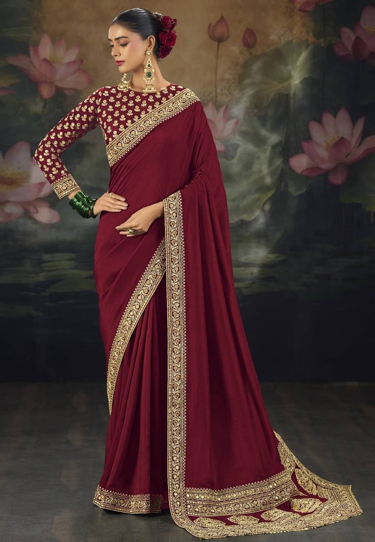 Maroon pure muga silk saree with zari & metal sequin heavy work