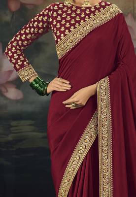 maroon pure muga silk blend saree with zari and metal sequin work 2