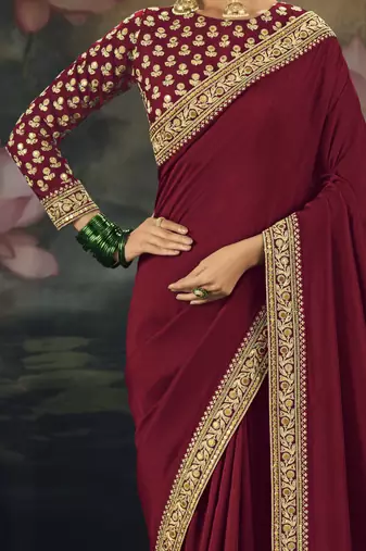 maroon pure muga silk blend saree with zari and metal sequin work