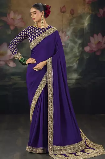 Purple pure muga silk saree with zari & metal sequin heavy work