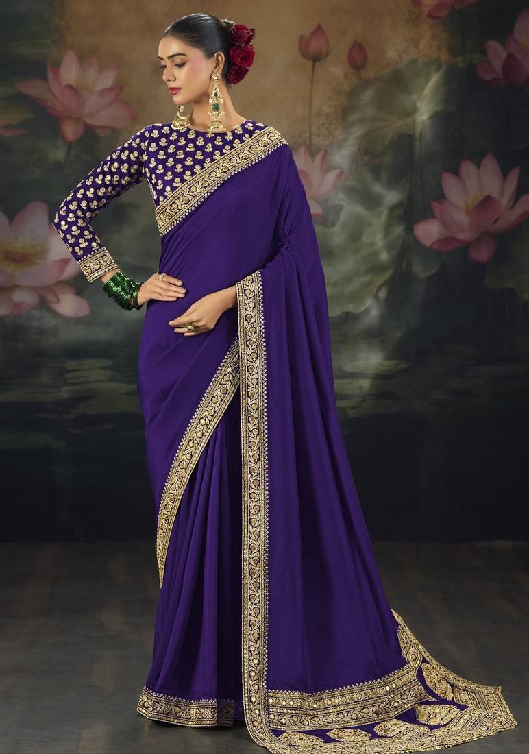 Purple pure muga silk saree with zari & metal sequin heavy work
