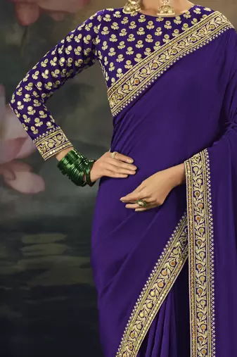 purple pure muga silk blend saree with zari and metal sequin work