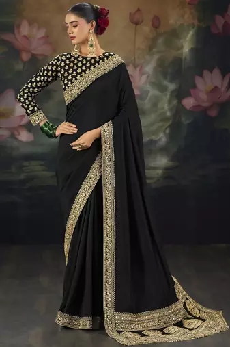 Black pure muga silk saree with zari & metal sequin heavy work