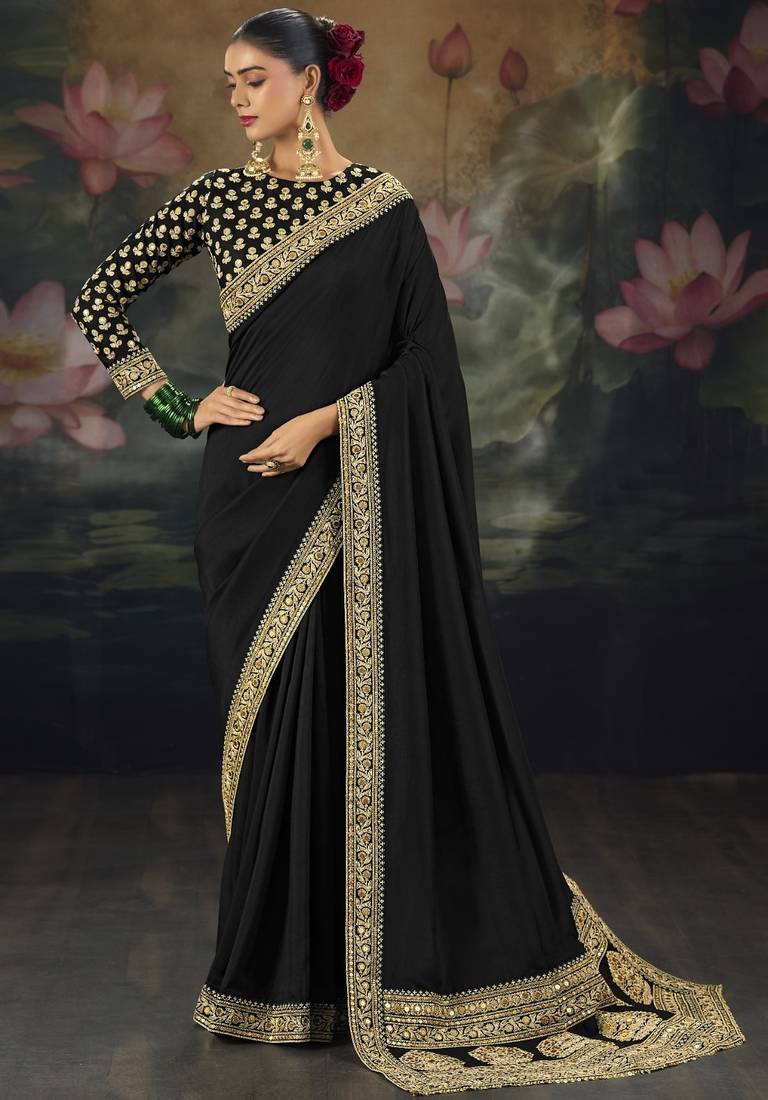 Black pure muga silk saree with zari & metal sequin heavy work