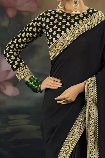 black pure muga silk blend saree with zari and metal sequin work
