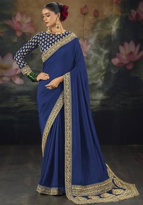 blue pure muga silk blend saree with zari and metal sequin work 1