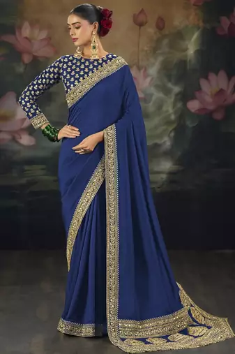 Blue pure muga silk saree with zari & metal sequin heavy work
