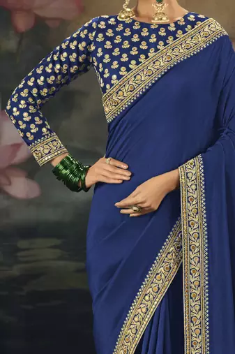 blue pure muga silk blend saree with zari and metal sequin work