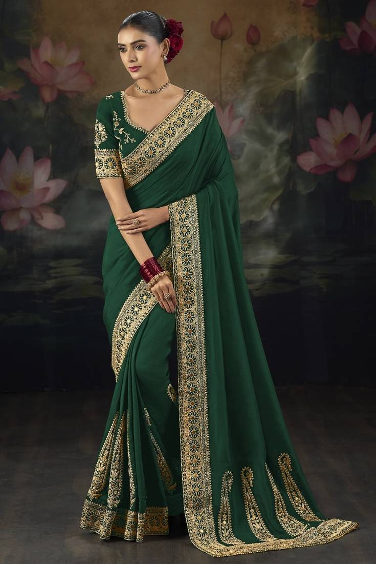 Green pure muga silk saree with zari & metal sequin heavy work