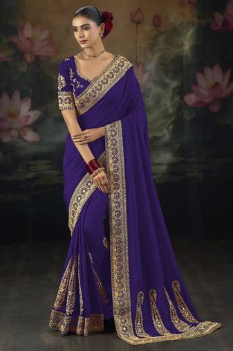 Purple pure muga silk saree with zari & metal sequin heavy work