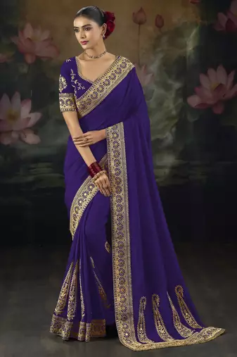 Purple pure muga silk saree with zari & metal sequin heavy work