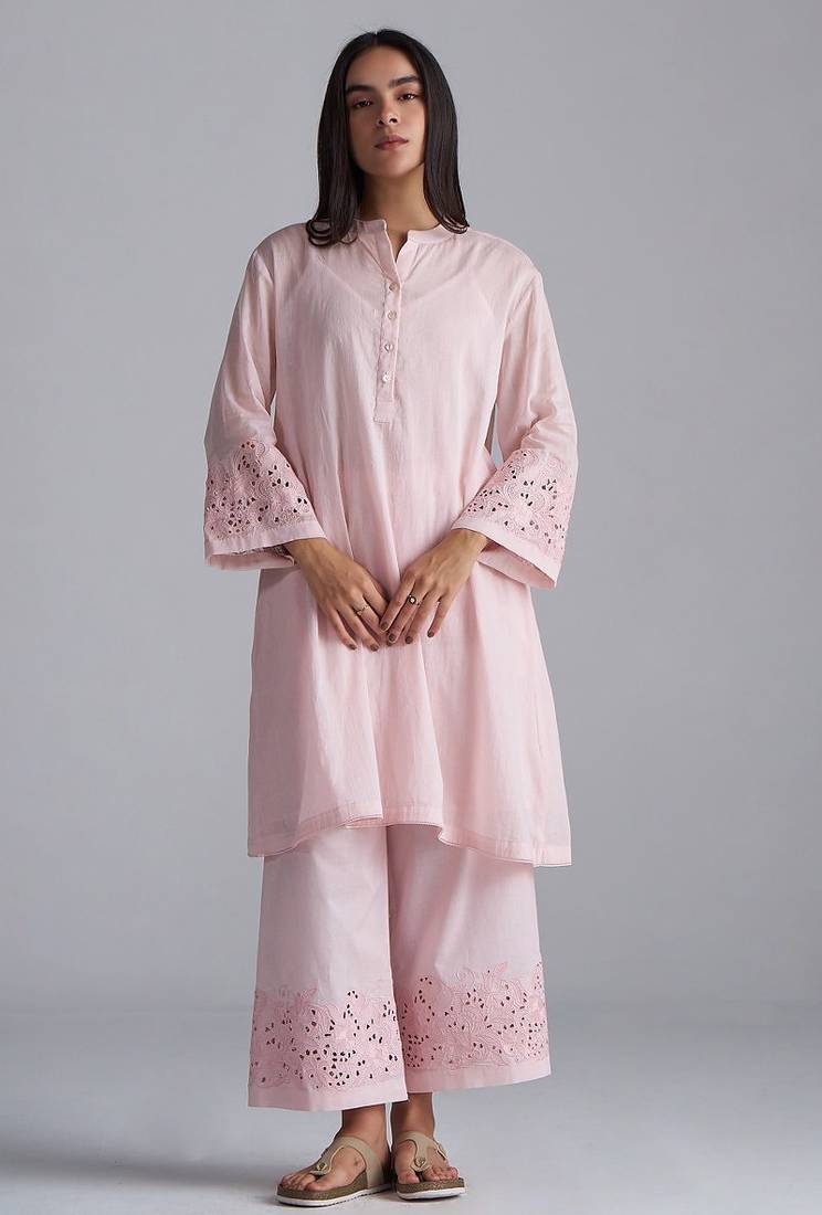 crystal pink mul mul kurta palazzo co-ord set for women