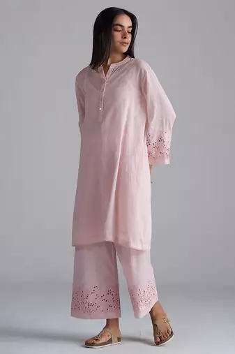 crystal pink mul mul kurta palazzo co-ord set for women