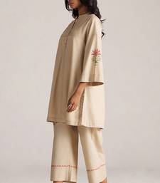 brown linen top and bottom set with minimal style