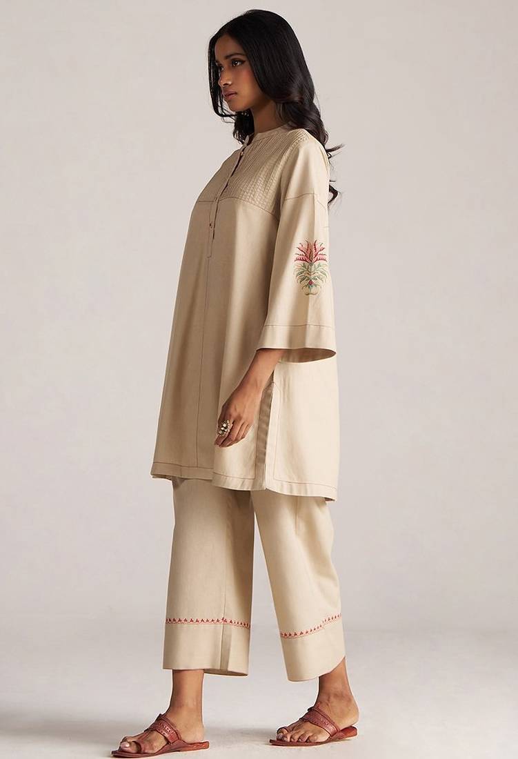 brown linen top and bottom set with minimal style