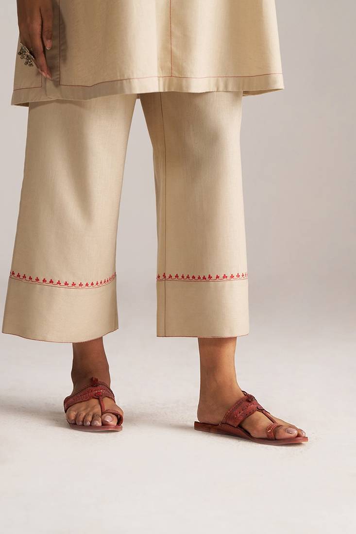 brown linen top and bottom set with minimal style