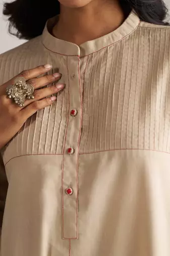 brown linen top and bottom set with minimal style