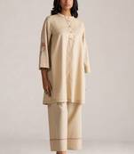 brown linen top and bottom set with minimal style