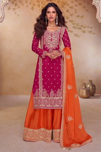 Magenta embroidered chinon free size stitched palazzo style salwar suit