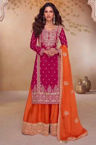 Magenta embroidered chinon free size stitched palazzo style salwar suit