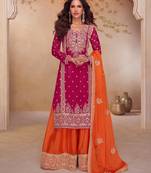 Magenta embroidered chinon free size stitched palazzo style salwar suit