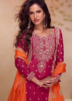 Magenta embroidered chinon free size stitched palazzo style salwar suit 2