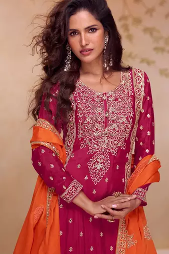 Magenta embroidered chinon free size stitched palazzo style salwar suit