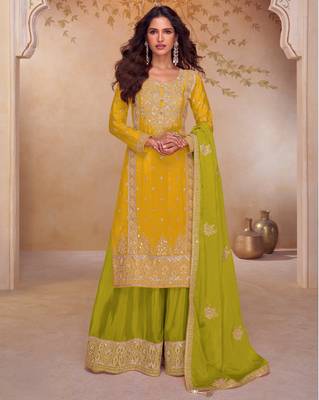 Yellow embroidered chinon free size stitched palazzo style salwar suit 1