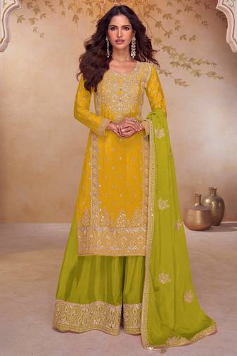 Yellow embroidered chinon free size stitched palazzo style salwar suit