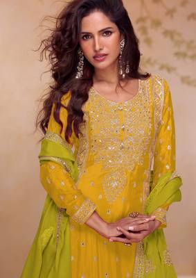 Yellow embroidered chinon free size stitched palazzo style salwar suit 2