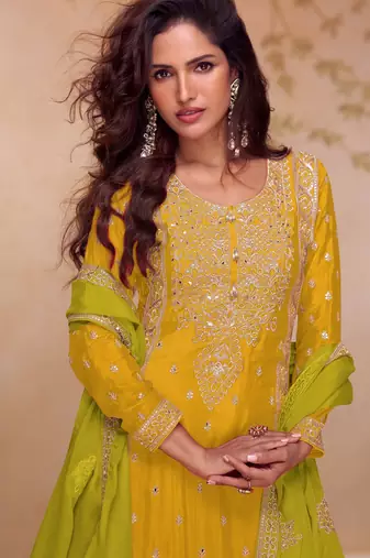 Yellow embroidered chinon free size stitched palazzo style salwar suit
