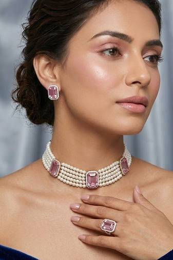 Elegant pearl choker necklace set with pink crystal stones, matching earrings & ring