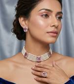 white pearl choker necklace set with pink crystal stone detailing