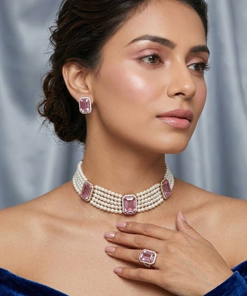 Elegant pearl choker necklace set with pink crystal stones, matching earrings & ring